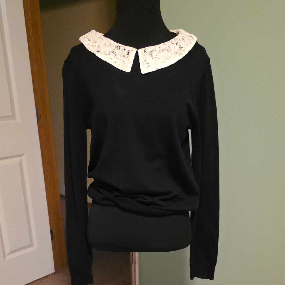 J. Crew Black Top with Cream Lace Detail